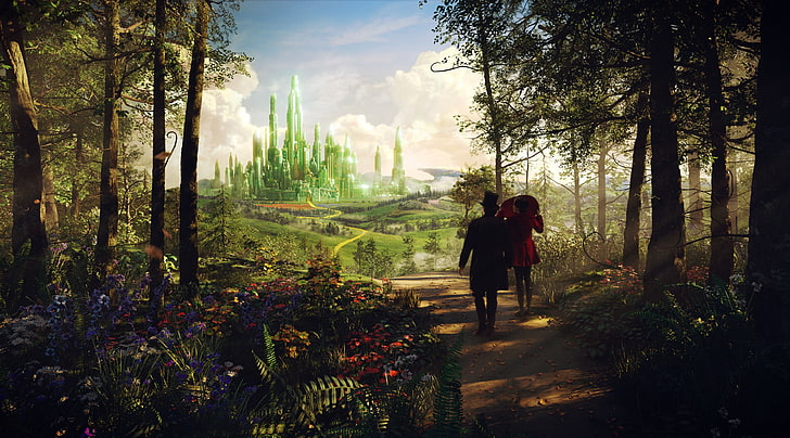 Oz The Great And Powerful Emerald City, people walking on dirt road heading to castle