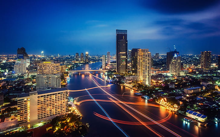 Thailand Night City Lights, World, blue