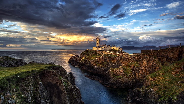 white lighthouse, nature, landscape, clouds, rock, Ireland, cliff