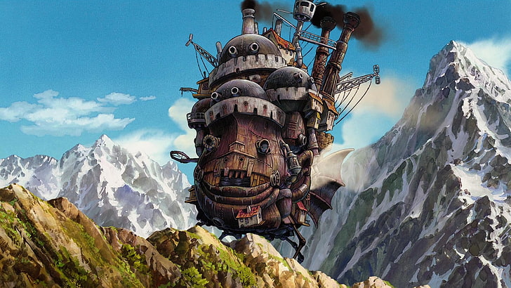 brown flying ship illustration, anime, Howl's Moving Castle, Studio Ghibli