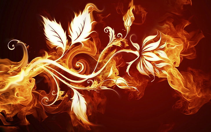 flaming leaf wallpaper, flaming flower wallpaper, fire, leaves