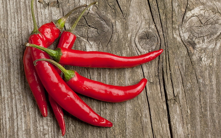 five red chili peppers, sharp, board, chile, vegetable, food, HD wallpaper