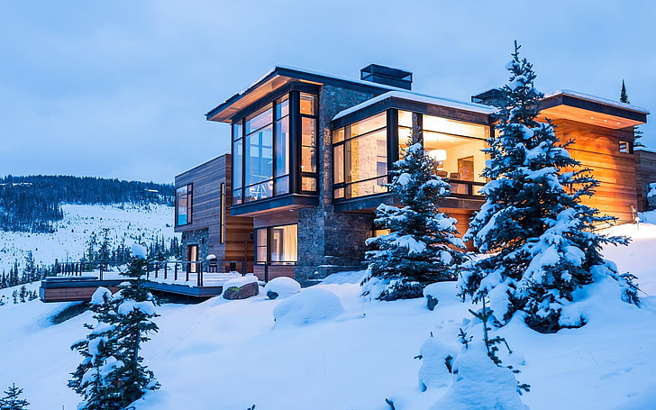 brown wooden house, modern, winter, snow, trees, building, architecture