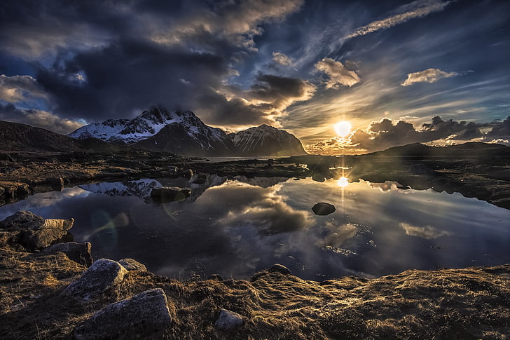 small body of water, Lofoten, Norway, sunset, mountains, clouds