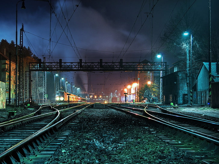 train station during nighttime wallpaper, railway, railway crossing