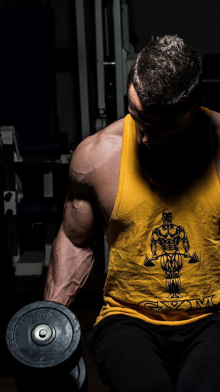 Bodybuilder Muscles, men's yellow tank top, Sports, adult, muscular build, HD wallpaper
