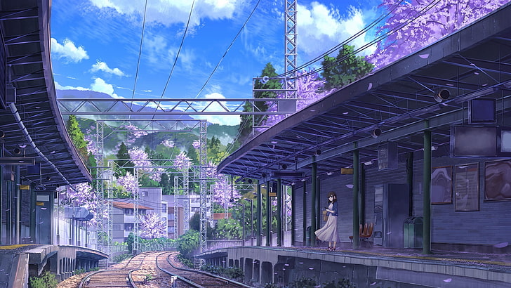 track, anime art, anime girl, train station