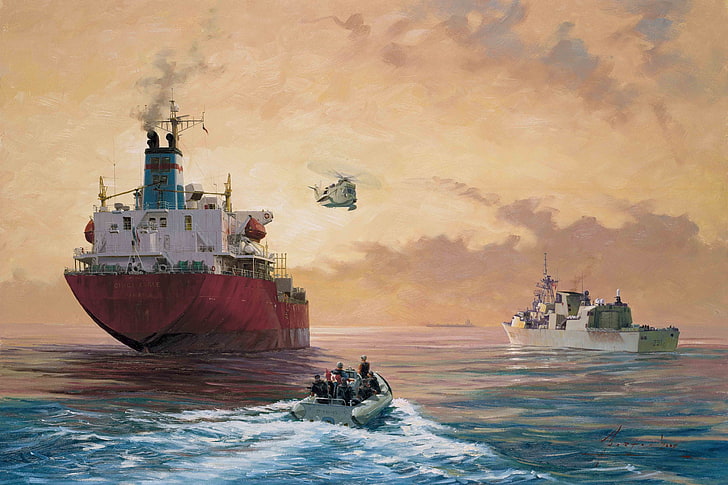 cargo ship and powerboat painting, October, art, USA, Navy, operation