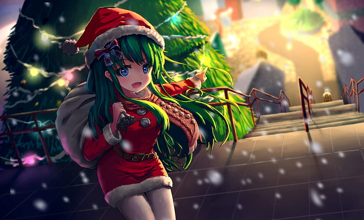 Santa hats, panty hose, green hair, Santa costume, anime, Christmas, HD wallpaper
