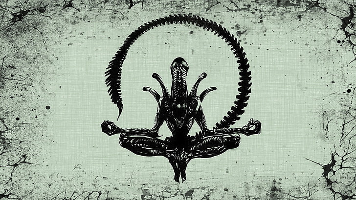 meditating illustration, simple background, humor, Alien (movie), HD wallpaper