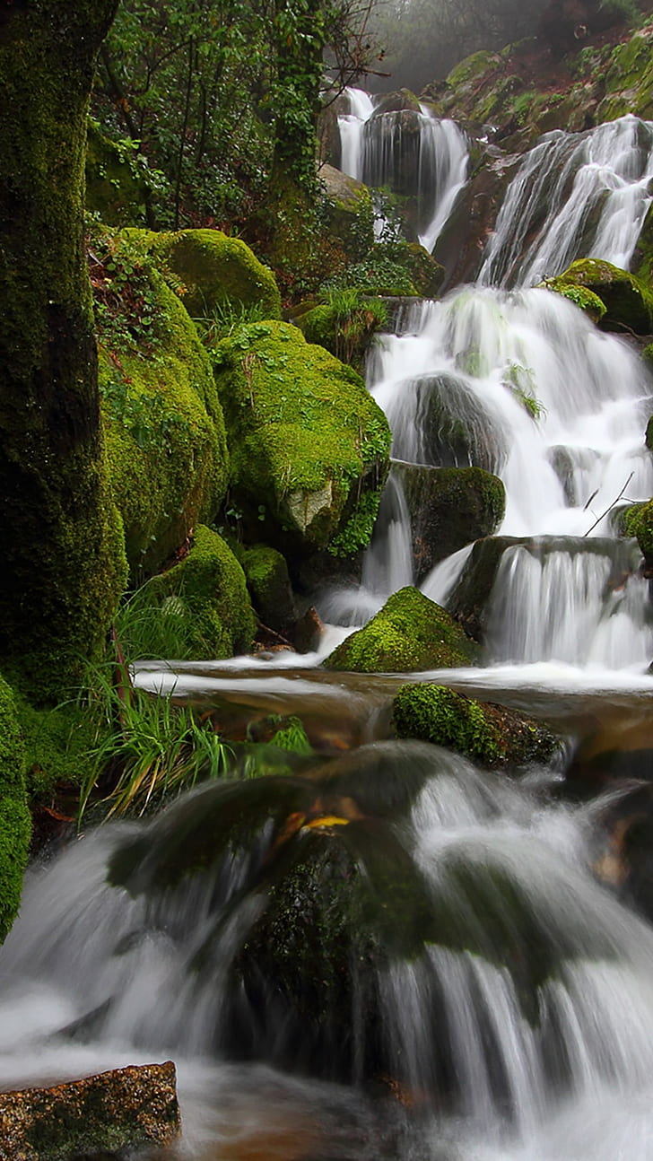 waterfall photography nature cellphone water, water and stream and rock cover by moss, HD wallpaper