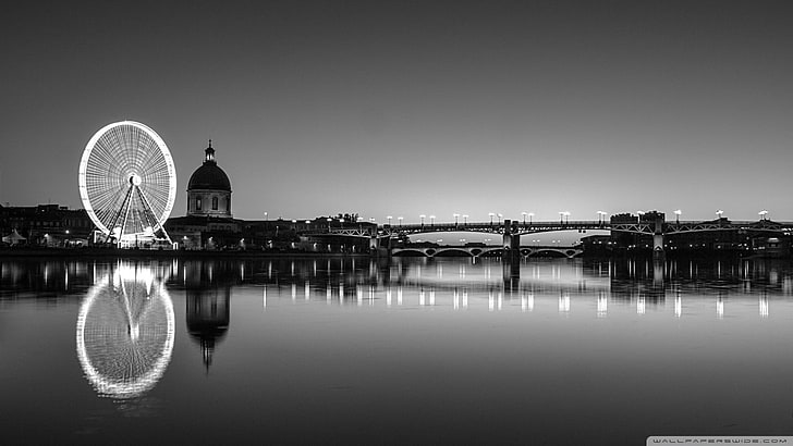 France, ferris wheel, bridge, river, monochrome, reflection