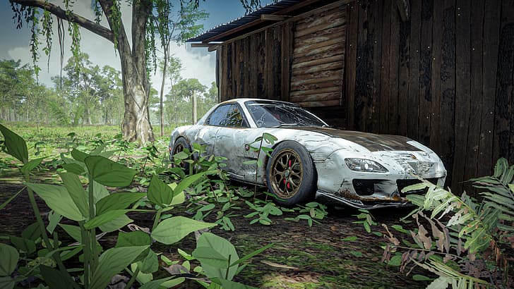 Mazda RX-7, rust, Forza Horizon 5, forest, jungle, drift, grass