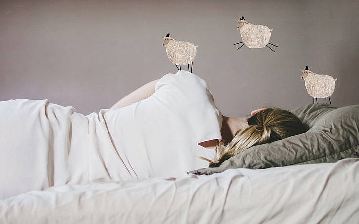 sleeping, sheep, women, in bed, furniture, bedroom, domestic room, HD wallpaper