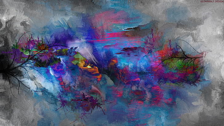 blue and pink abstract painting, colorful, artwork, backgrounds, HD wallpaper