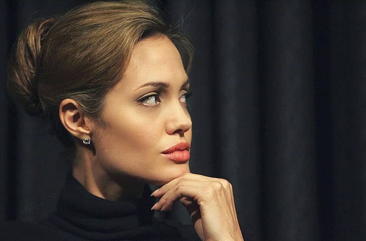 Angelina Jolie, actress, women, brunette, hairbun, profile