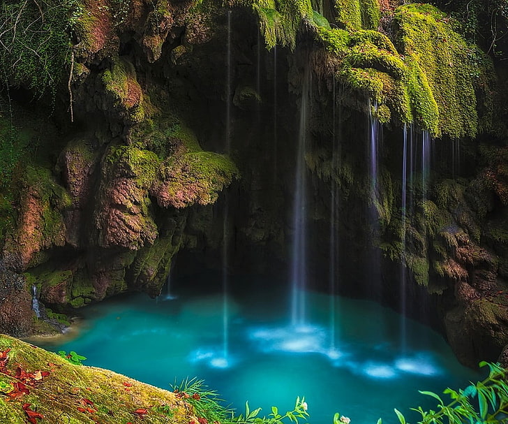 waterfalls wallpaper, moss, grass, nature, green, turquoise, landscape