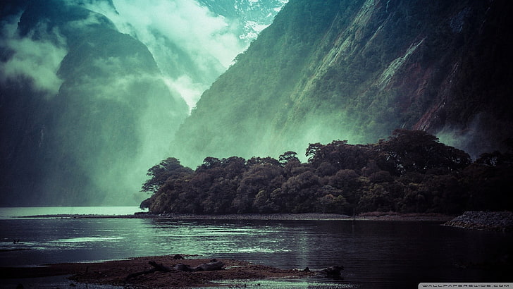 green leafed trees, landscape, mountains, cliff, lake, mist, water