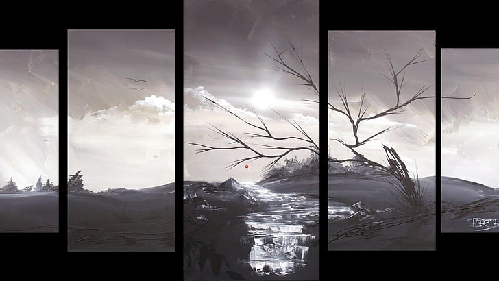 black bare tree near stream 5-panel painting, concept art, cloud - sky, HD wallpaper
