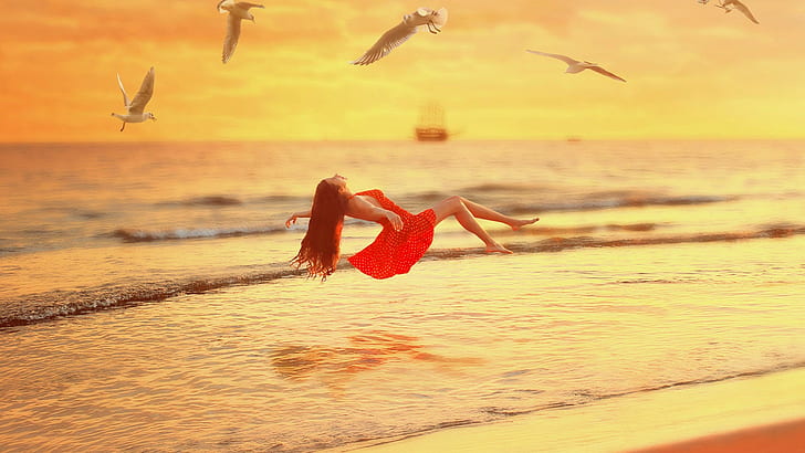 sunset, beach, sea, girl, levitation, red dress, seagull, birds
