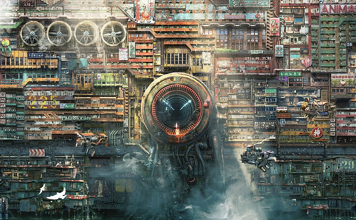 Toshio Hatanaka, metropolis, science fiction, architecture, HD wallpaper