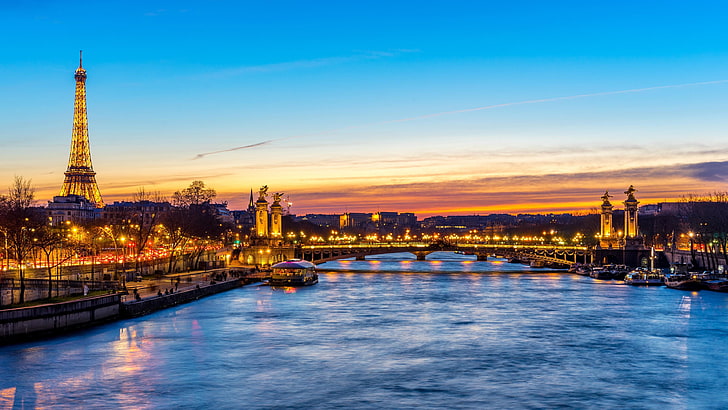 evening, europe, france, paris, bridge, horizon, tower, skyline, HD wallpaper