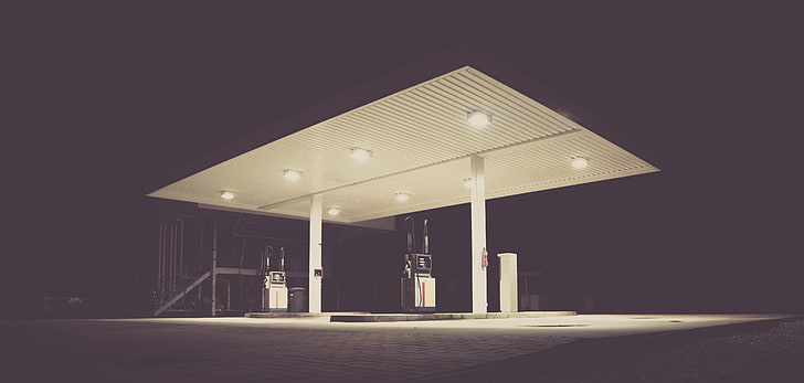 white an black gasoline station, urban, gas stations, night, illuminated