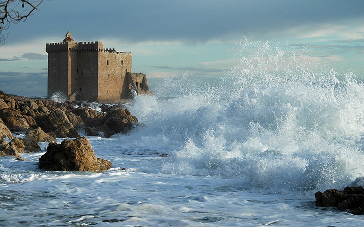 building, sea, castle, ruin, water, architecture, wave, motion, HD wallpaper