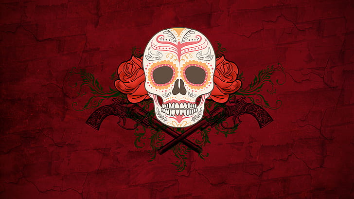 rose, artwork, skull, Dia de los Muertos, flowers, HD wallpaper