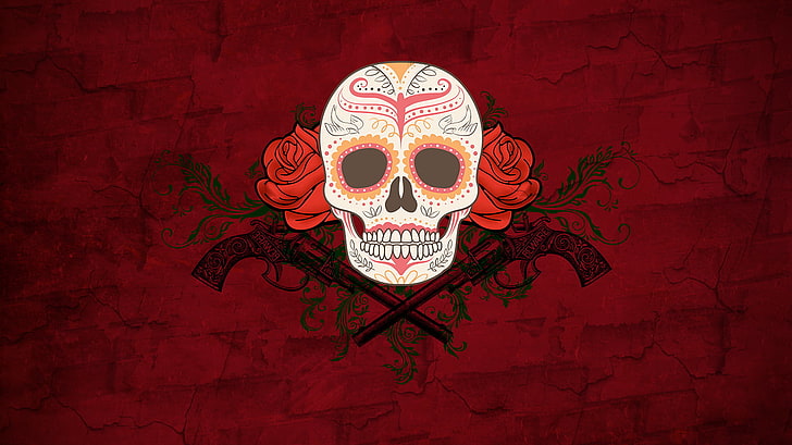 white and multicolored sugar skull, Dia de los Muertos, flowers