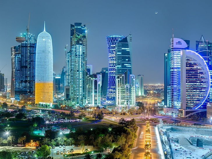 buildings, doha, hdr, qatar, skyscraper, HD wallpaper