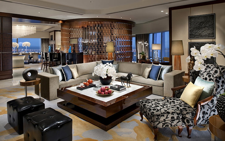 two black leather ottomans, room, interior, design, comfort, domestic Room