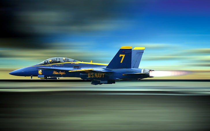 blue and yellow U.S. Navy fighter plane, aviation, the plane