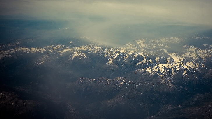 birds eye view of mountain, mountains, snow, nature, mist, landscape