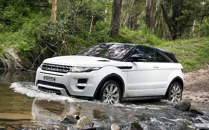 Range Rover Evoque, forest, river, cars