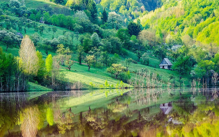 Mountain slope, trees, house, lake, water reflection, spring scenery