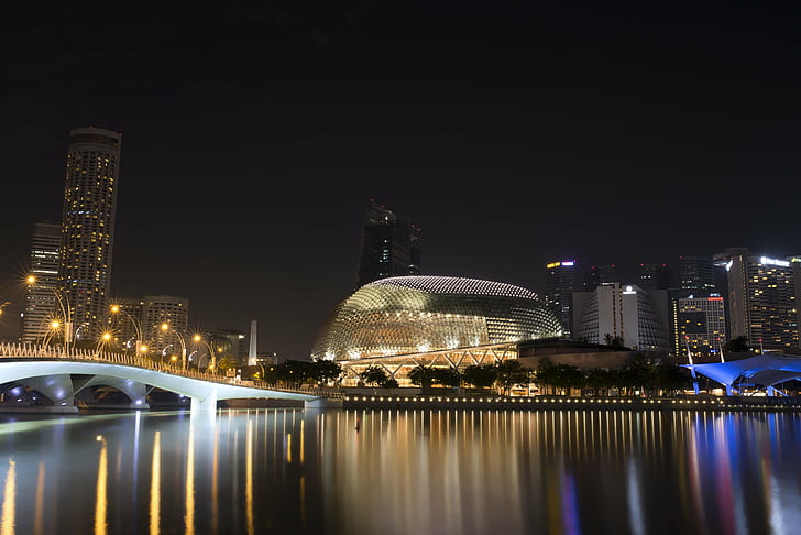 skyline city near bridge during nighttime, singapore, singapore