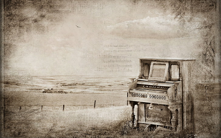 brown upright piano sketch, vintage, plan, textures, old, retro styled