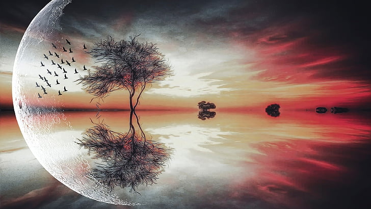 sunset, reflection, imagination, lake, horizon, fantasy landscape, HD wallpaper