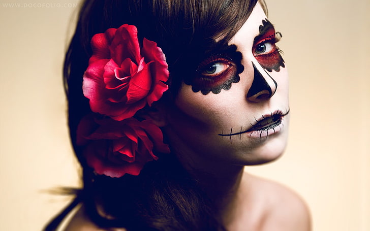 Sugar Skull, Dia de los Muertos, face paint, women, brunette, HD wallpaper