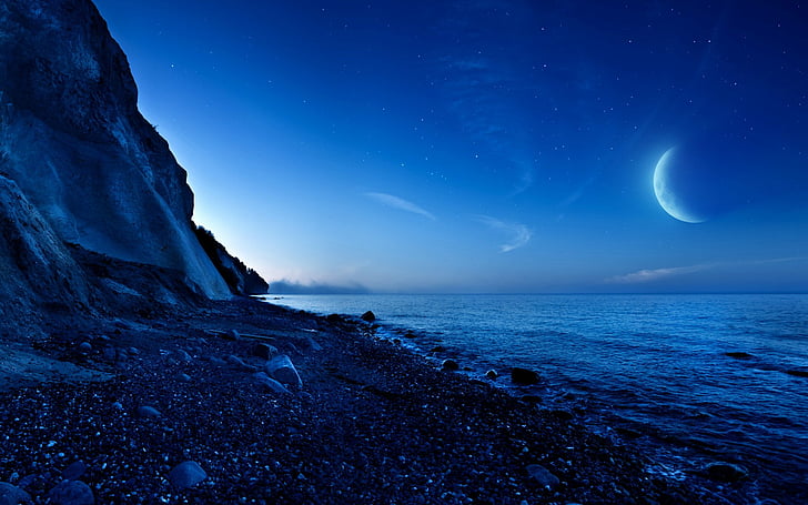 blue, moon, mountain, night, nightfall, sea, HD wallpaper