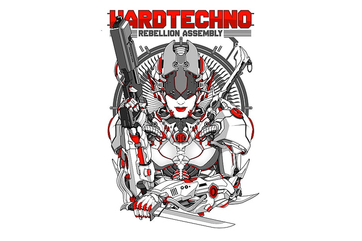 Hardtechno Rebellion Assembly logo, style, music, figure, robot