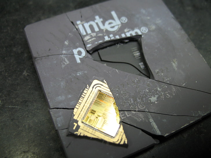 black Intel Pentium card, processor, cpu, fragments, scheme, debris