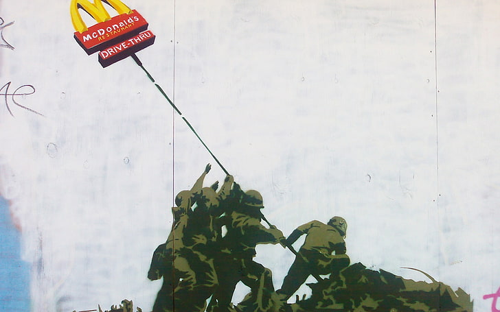 McDonalds Drive Thru signage, Banksy, graffiti, artwork, McDonald's