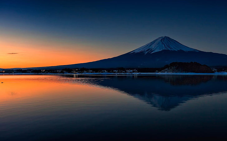 panoramic photo of Mount Fuji, Japan, reflection, lake, sunset