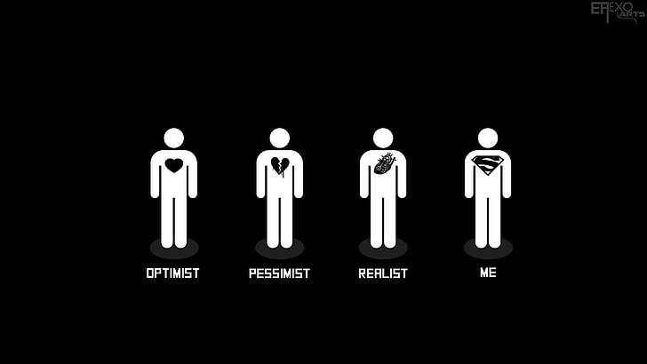four male symbols, Optimist, Pessimist, Realist, Me illustration