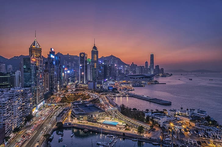 sunset, building, home, Hong Kong, Bay, night city, skyscrapers
