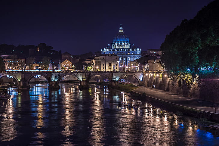 night, bridge, lights, river, Rome, Italy, The Tiber, St. Peter's Cathedral, HD wallpaper