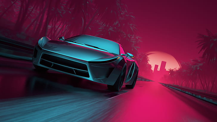 neon, synthwave, car, vehicle, road, artwork