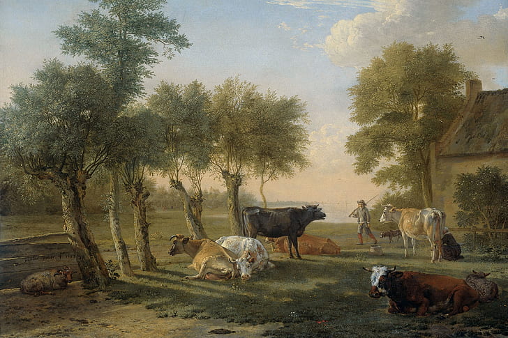 farm, cow, painting, classical art, animals, trees, artwork